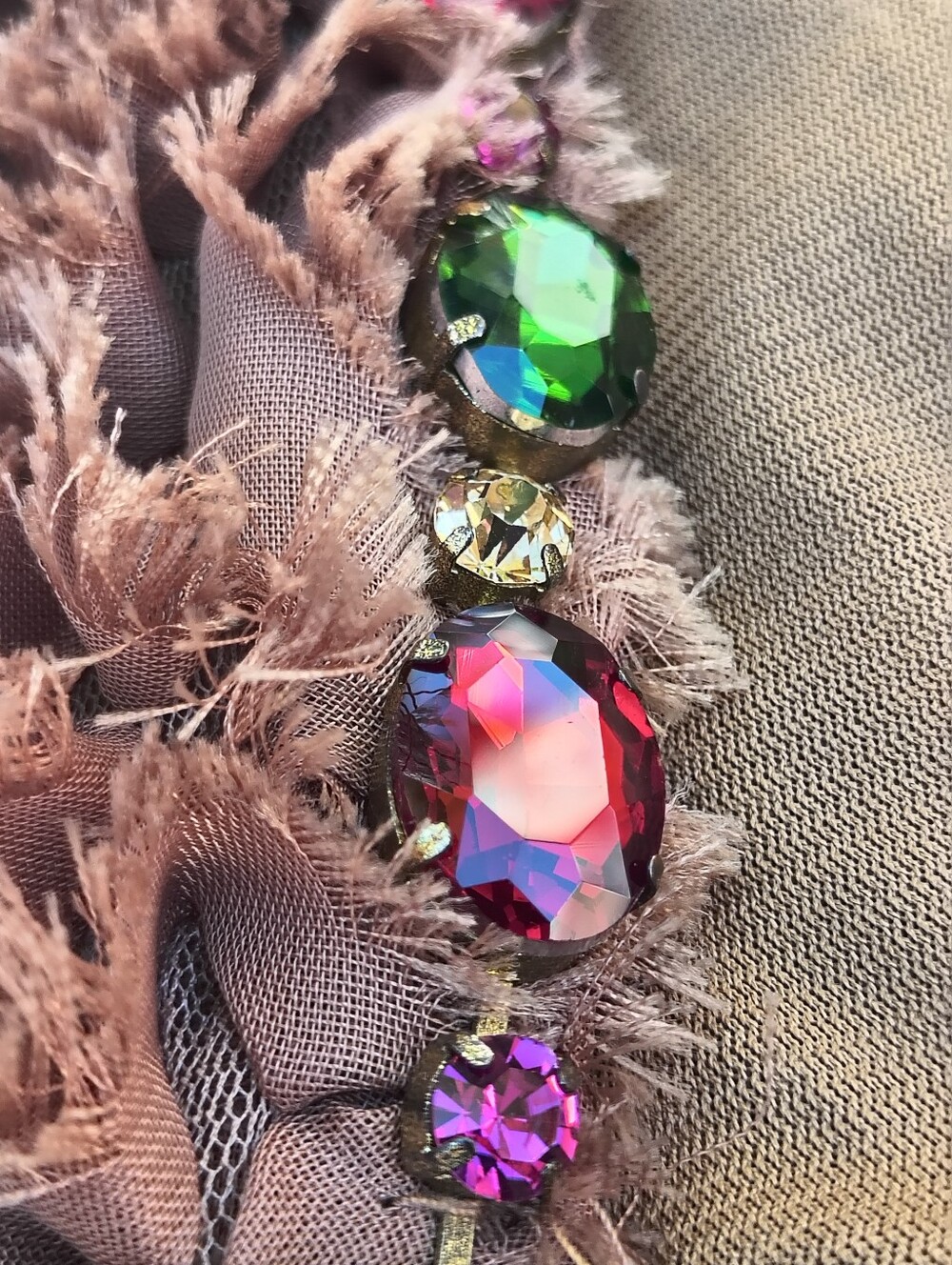 Brown Textured Cropped Jacket With Multi Color Rhinestones - Picture 6 of 11